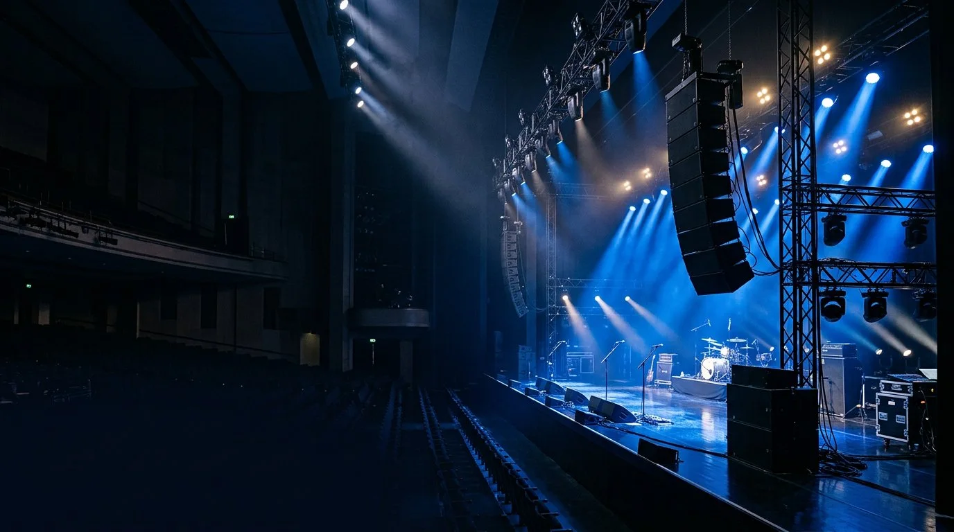 Illustrative event stage lighting and production equipment